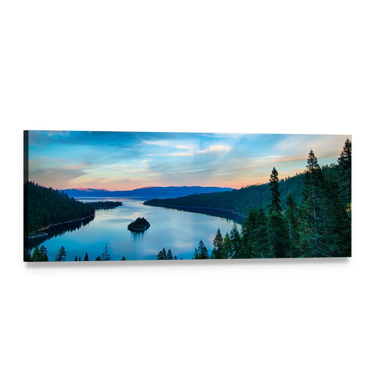 Lake Tahoe Bay Aerial View Panoramic Canvas Wall Art, single panel gallery wrapped canvas, angled product view