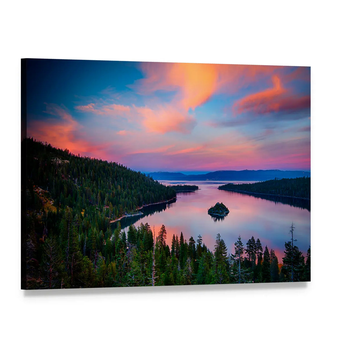Lake Tahoe Sunset Over Island and Pines Canvas Wall Art, single panel gallery wrapped canvas, angled product view
