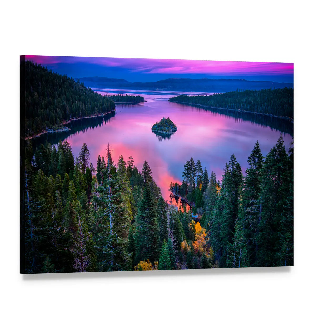 Lake Tahoe Sunset Reflection Over Island Canvas Wall Art, single panel gallery wrapped canvas, angled product view