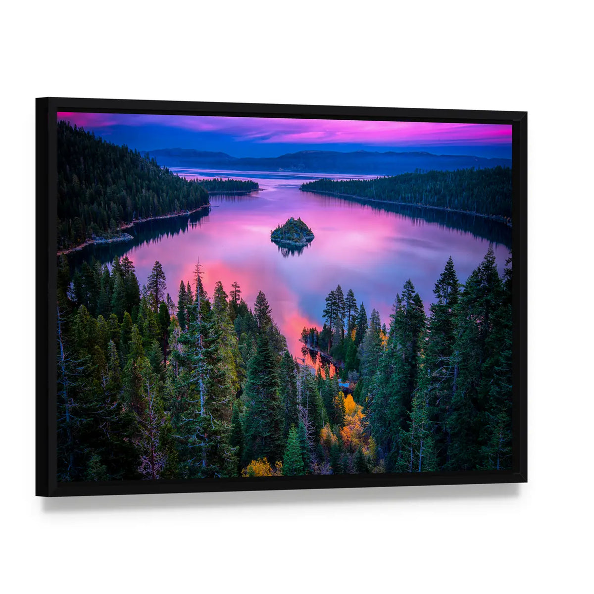 Lake Tahoe Sunset Reflection Over Island Canvas Wall Art, framed canvas in a black floater frame, angled product view