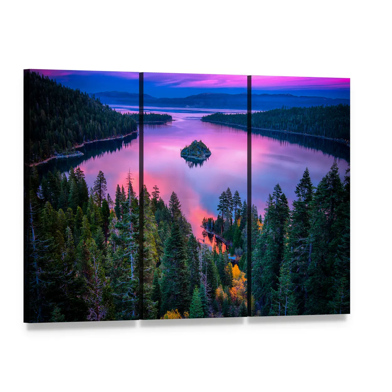 Lake Tahoe Sunset Reflection Over Island Canvas Wall Art, 3 panel 3 Horizontal layout gallery wrapped canvas set, angled product view