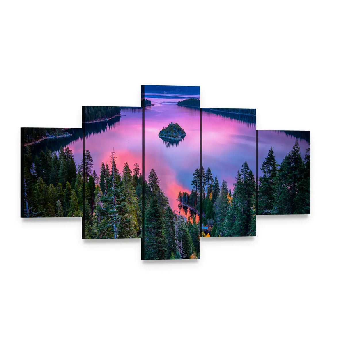 Lake Tahoe Sunset Reflection Over Island Canvas Wall Art, 5 panel 5 Star layout gallery wrapped canvas set, angled product view