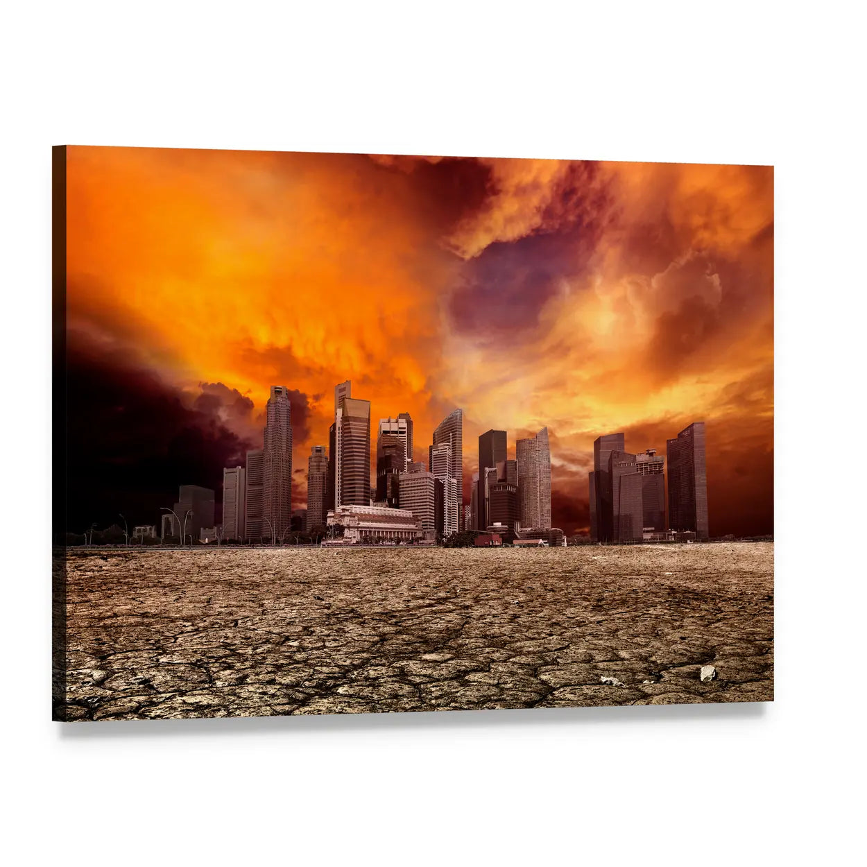 Apocalyptic City Skyline Over Cracked Earth Canvas Wall Art, single panel gallery wrapped canvas, angled product view