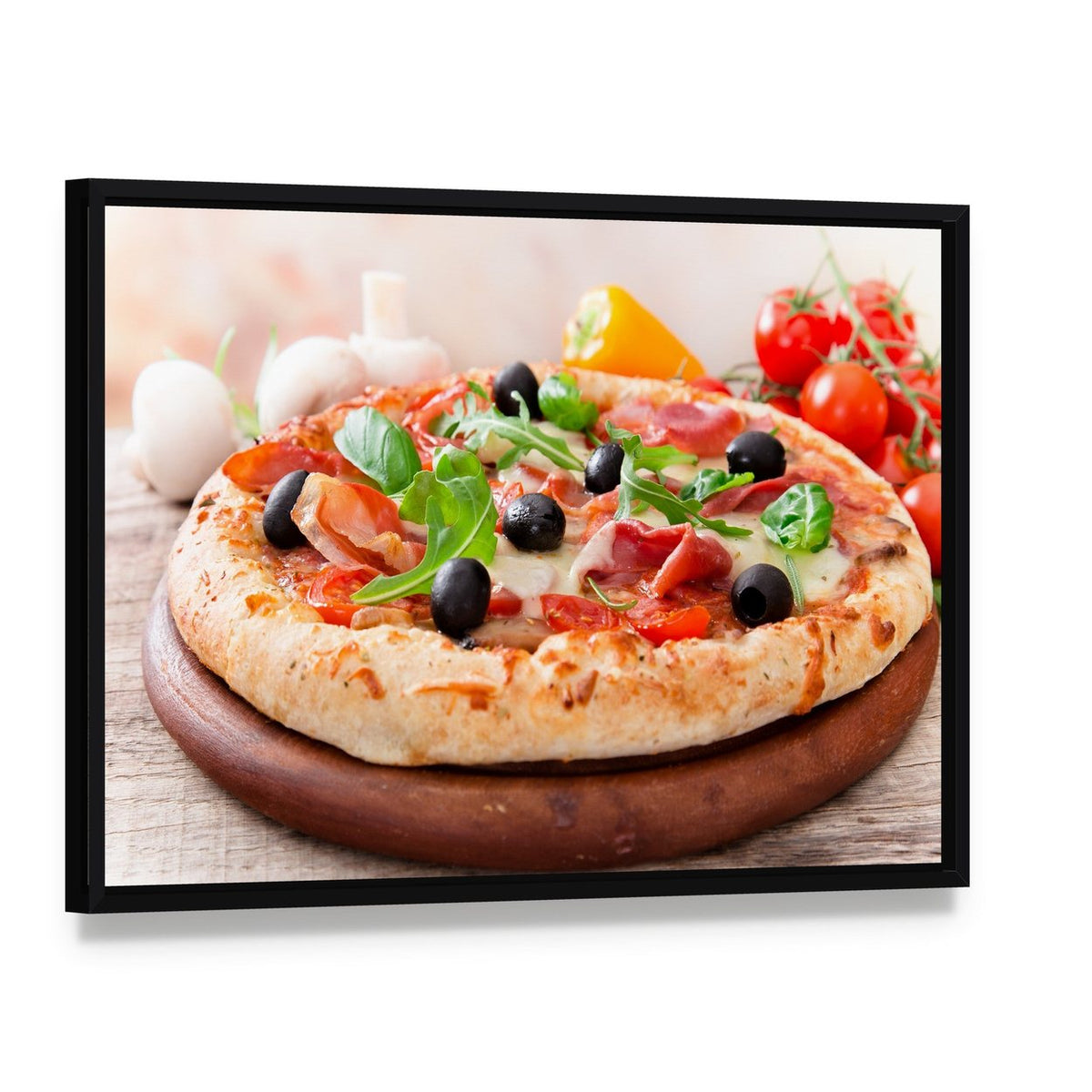 Italian Pizza with Prosciutto and Arugula Canvas Wall Art, framed canvas in a black floater frame, angled product view