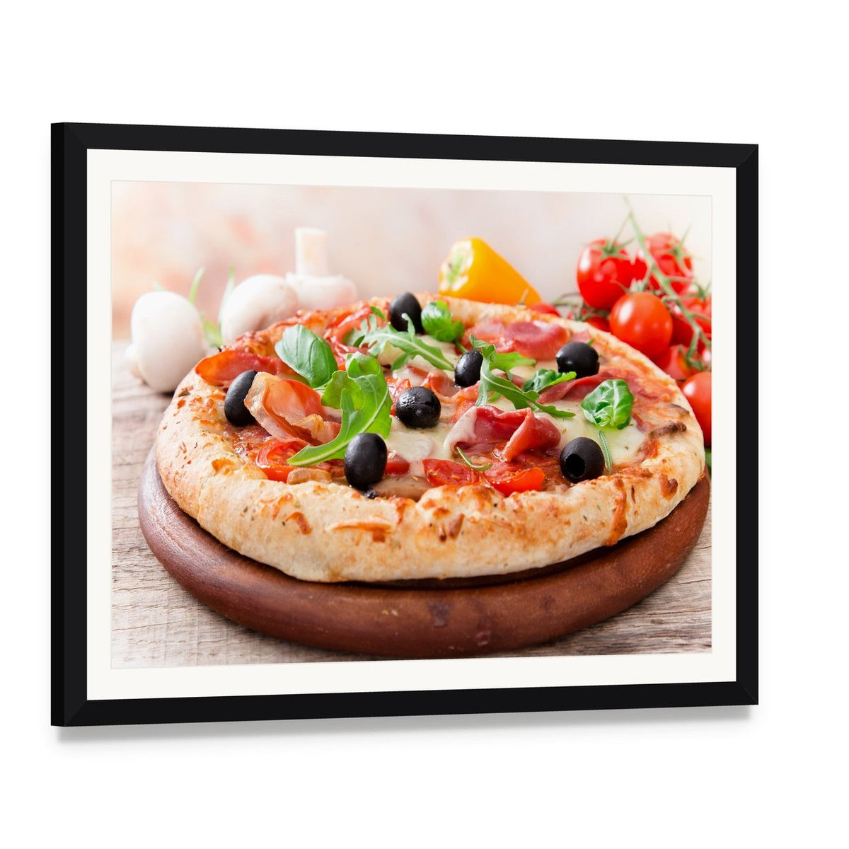 Italian Pizza with Prosciutto and Arugula Canvas Wall Art, framed print with white mat and black frame, angled product view