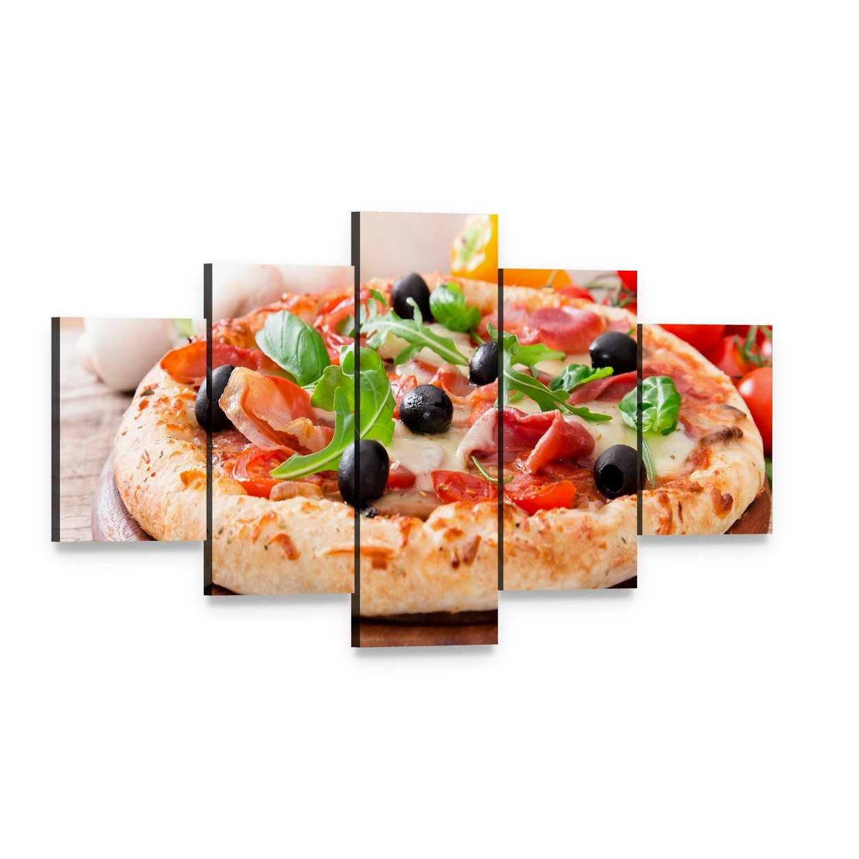 Italian Pizza with Prosciutto and Arugula Canvas Wall Art, 5 panel 5 Star layout gallery wrapped canvas set, angled product view