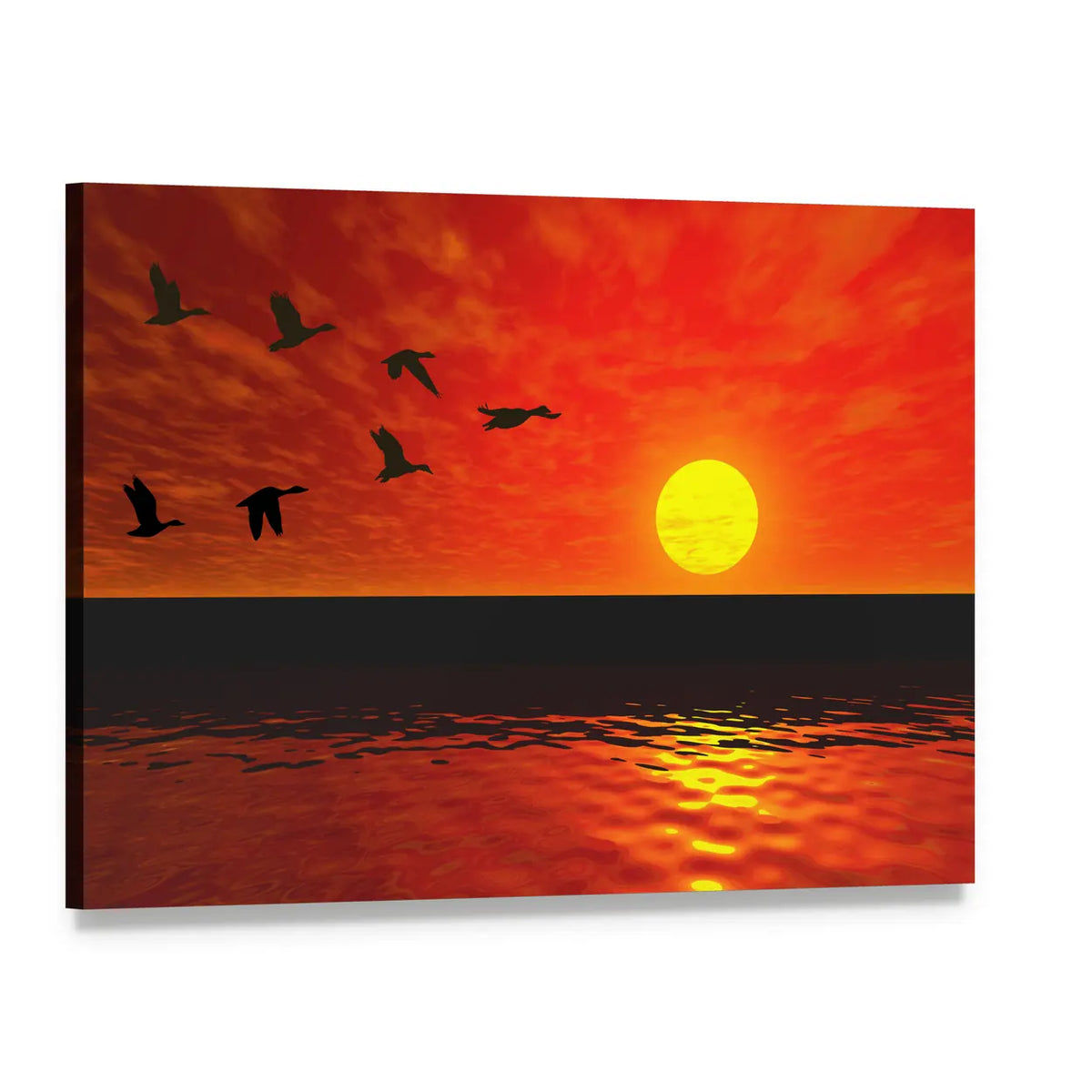Flying Ducks at Sunset Canvas Wall Art, single panel gallery wrapped canvas, angled product view
