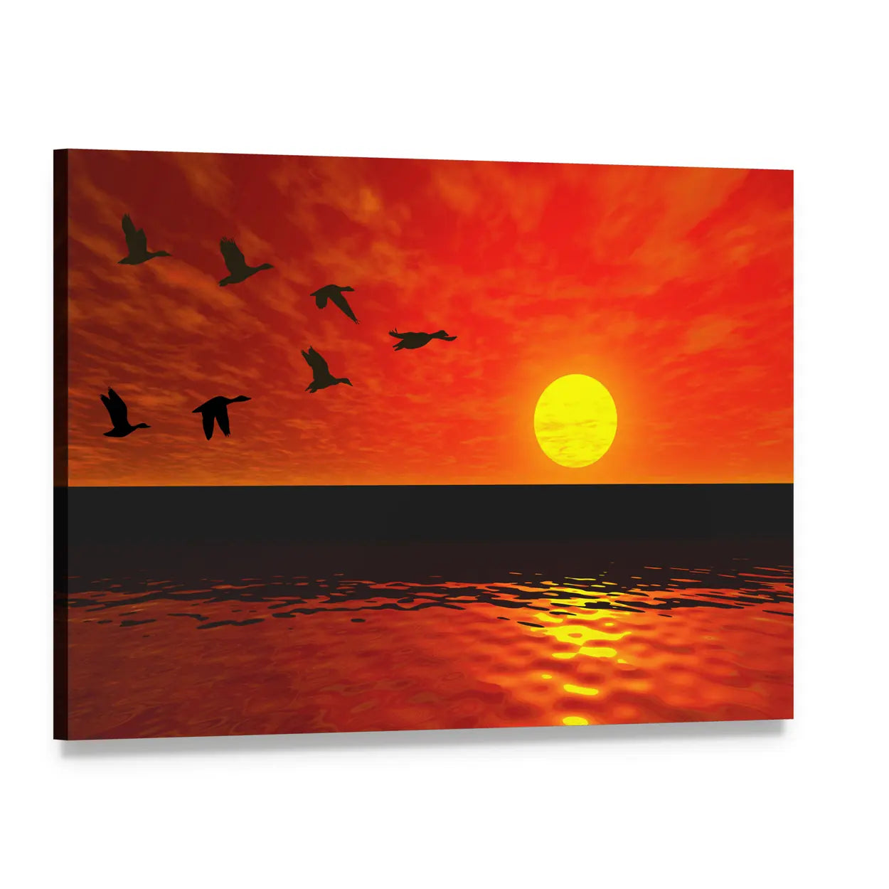 Flying Ducks at Sunset Canvas Wall Art, single panel gallery wrapped canvas, angled product view