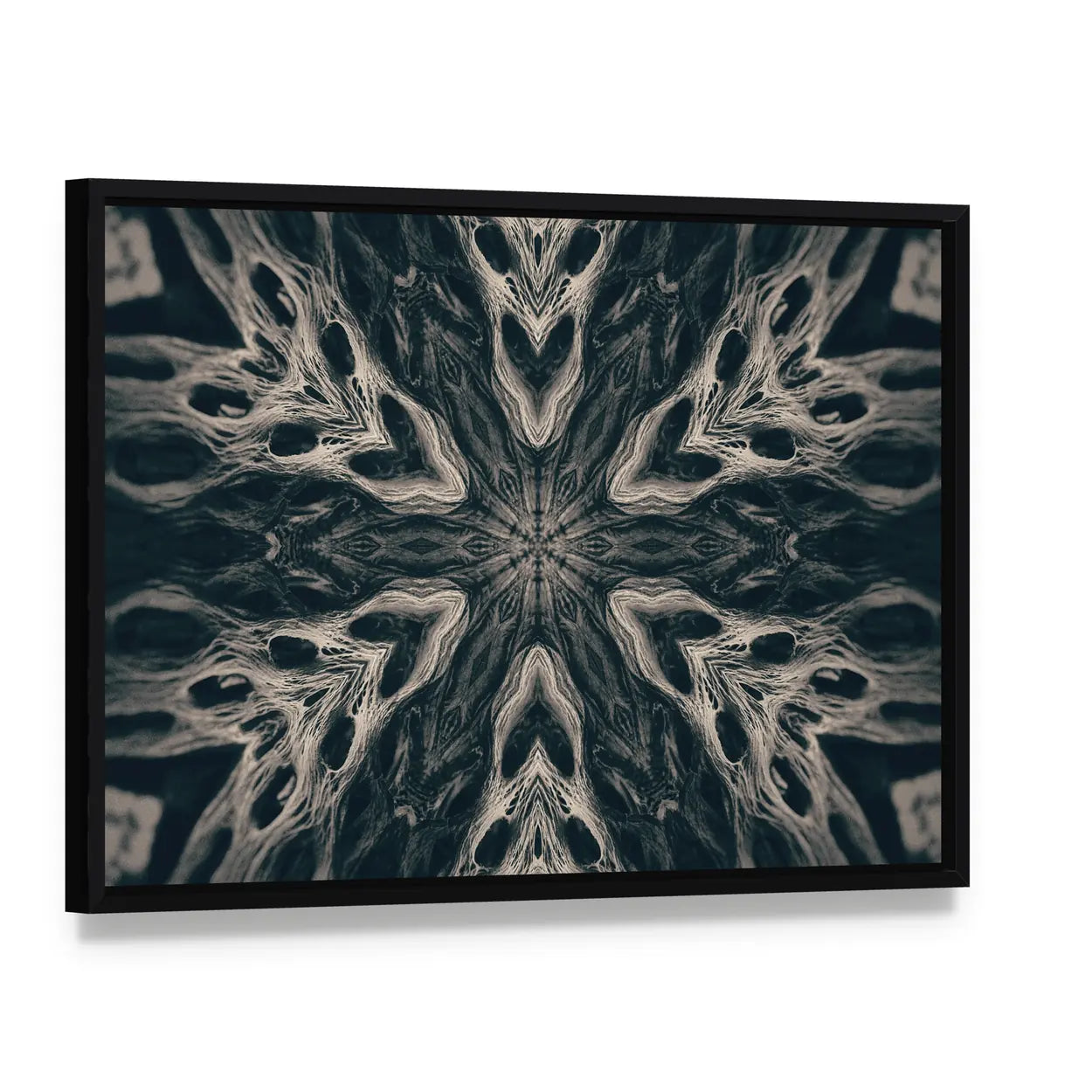 Gothic Demon Mandala Canvas Wall Art, framed canvas in a black floater frame, angled product view