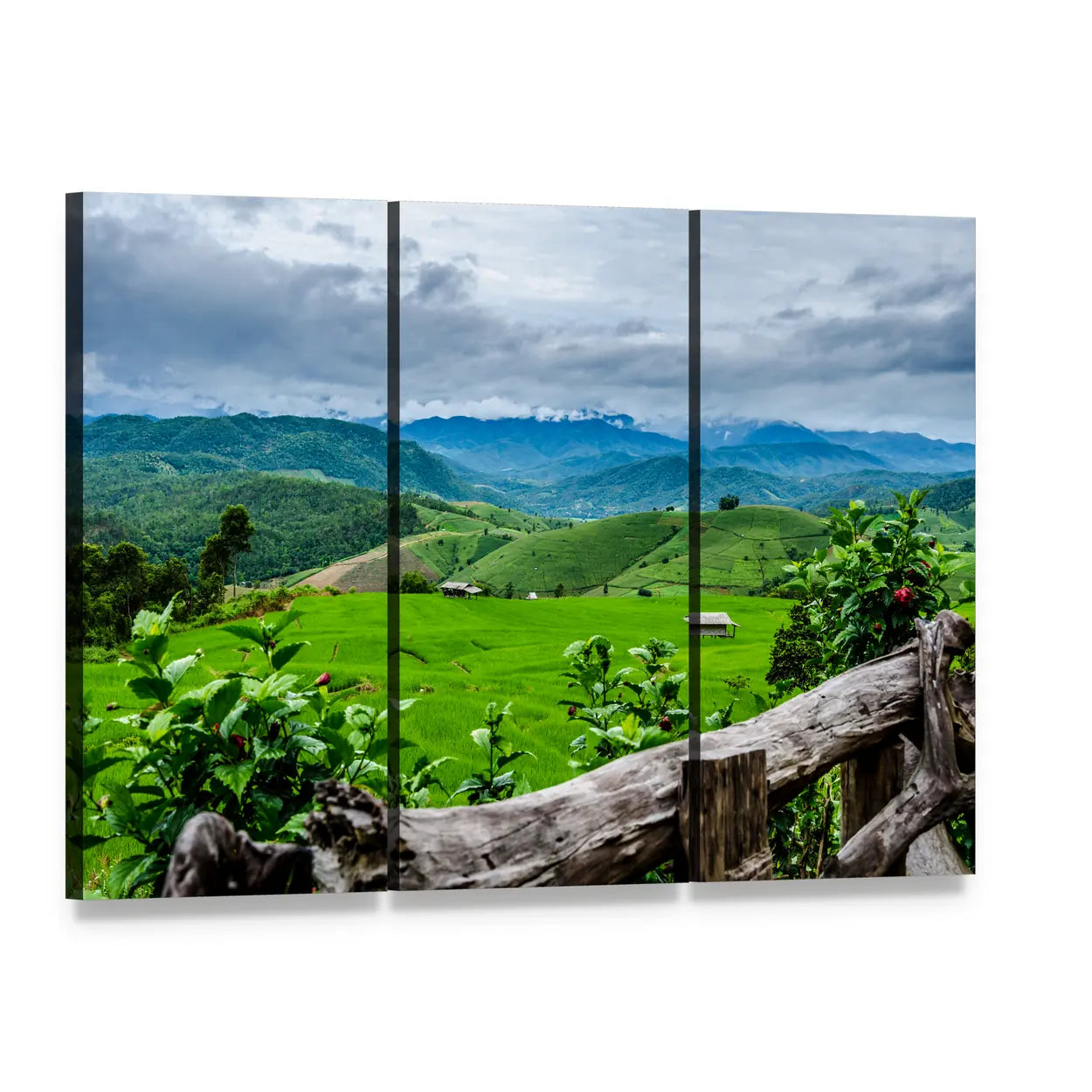 Rice Terraces with Hazy Mountains Canvas Wall Art, 3 panel 3 Horizontal layout gallery wrapped canvas set, angled product view