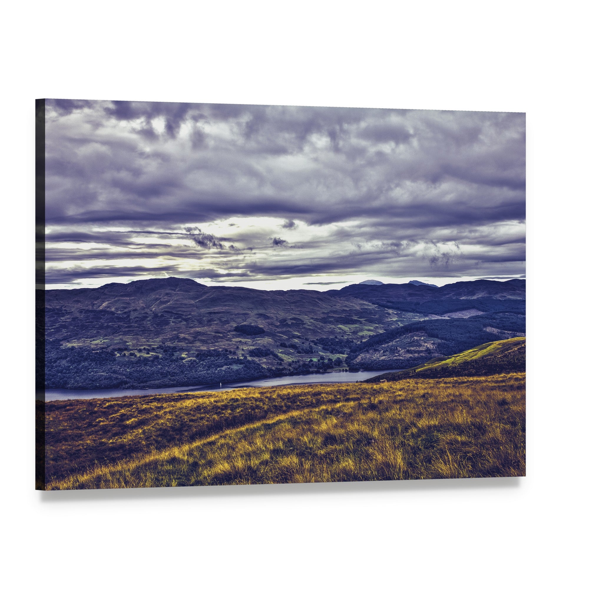 Loch Tay Lake with Stormy Sky Canvas Wall Art, single panel gallery wrapped canvas, angled product view