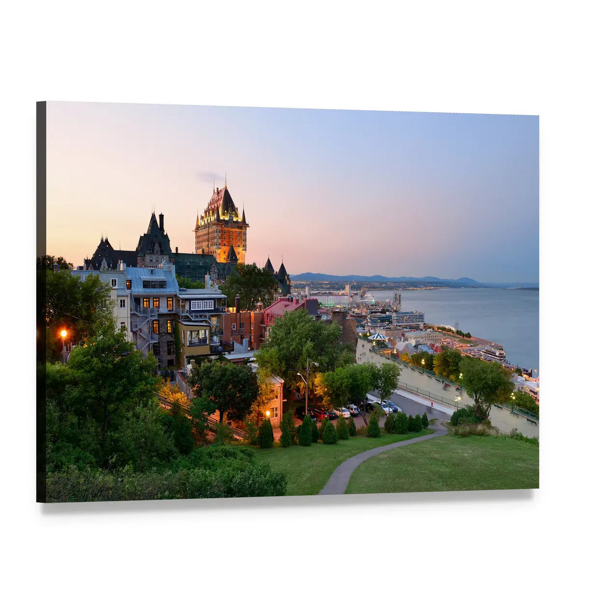 Quebec City Skyline with Chateau Frontenac at Dusk Canvas Wall Art, single panel gallery wrapped canvas, angled product view