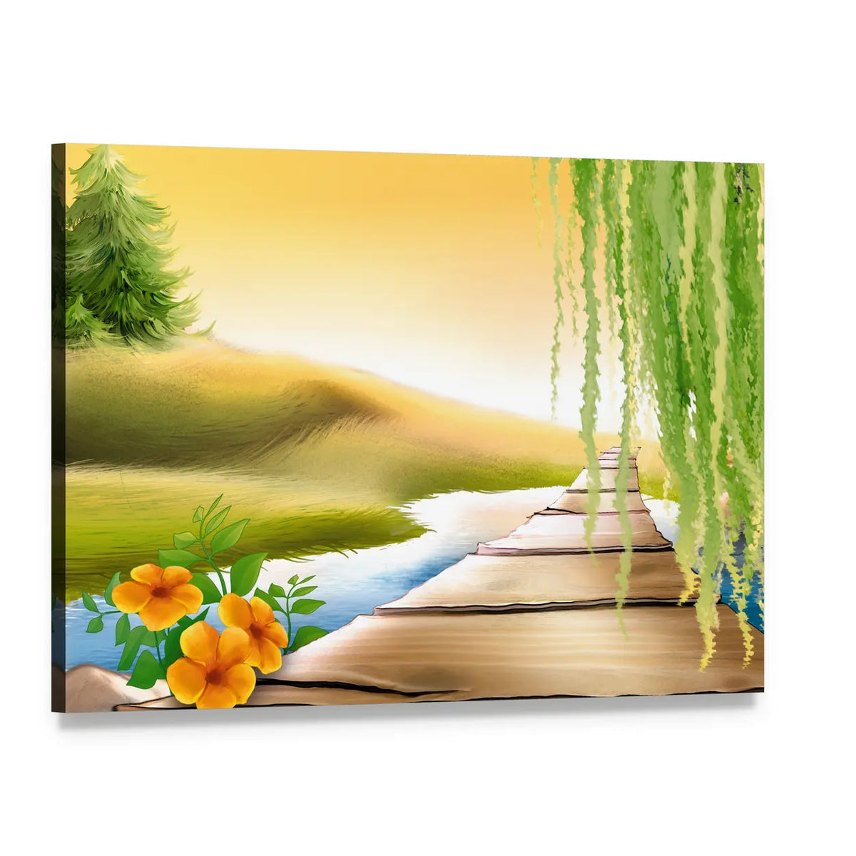Wooden Footbridge Over Meadow Stream Canvas Wall Art, single panel gallery wrapped canvas, angled product view