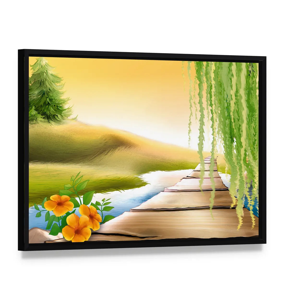 Wooden Footbridge Over Meadow Stream Canvas Wall Art, framed canvas in a black floater frame, angled product view