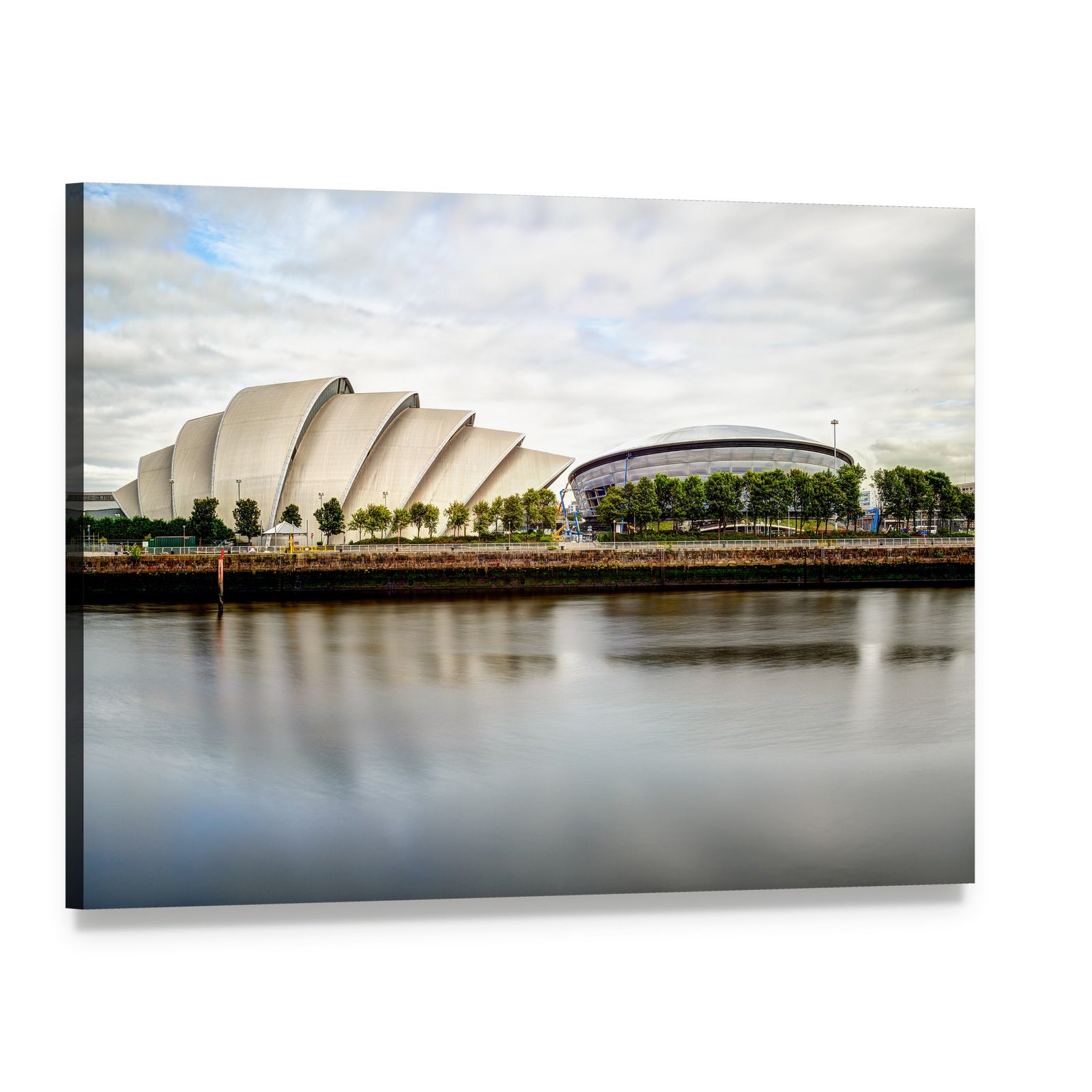 Armadillo Auditorium Glasgow River Reflection Canvas Wall Art, single panel gallery wrapped canvas, angled product view