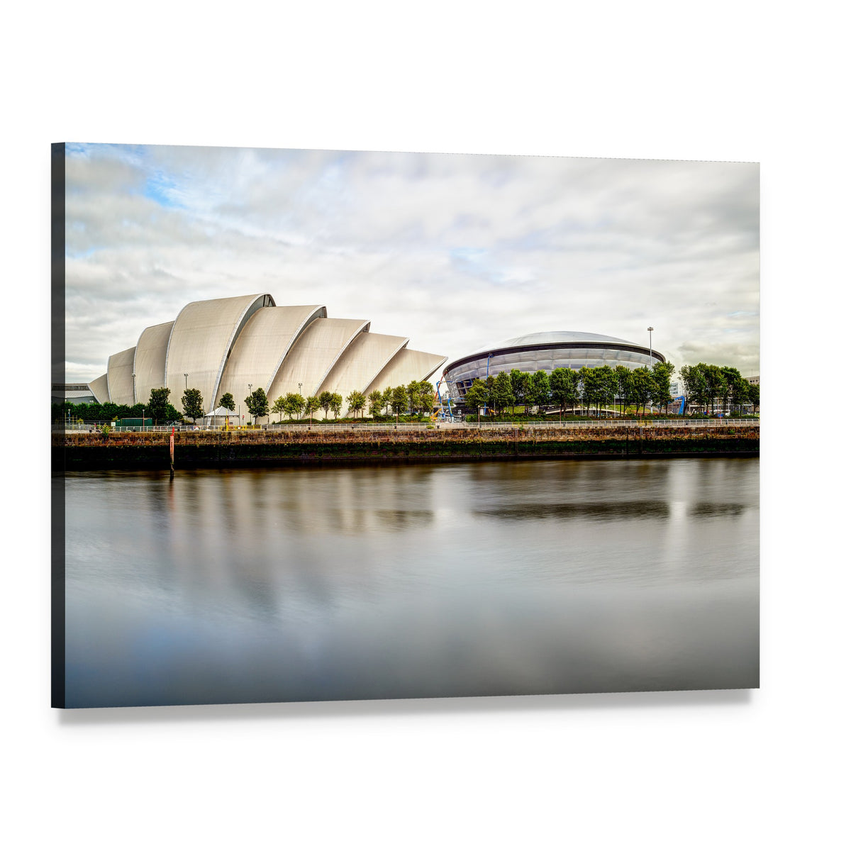 Armadillo Auditorium Glasgow River Reflection Canvas Wall Art, single panel gallery wrapped canvas, angled product view