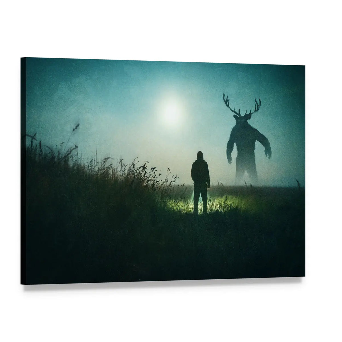 Alone Man Against Mysterious Monster Canvas Wall Art, single panel gallery wrapped canvas, angled product view