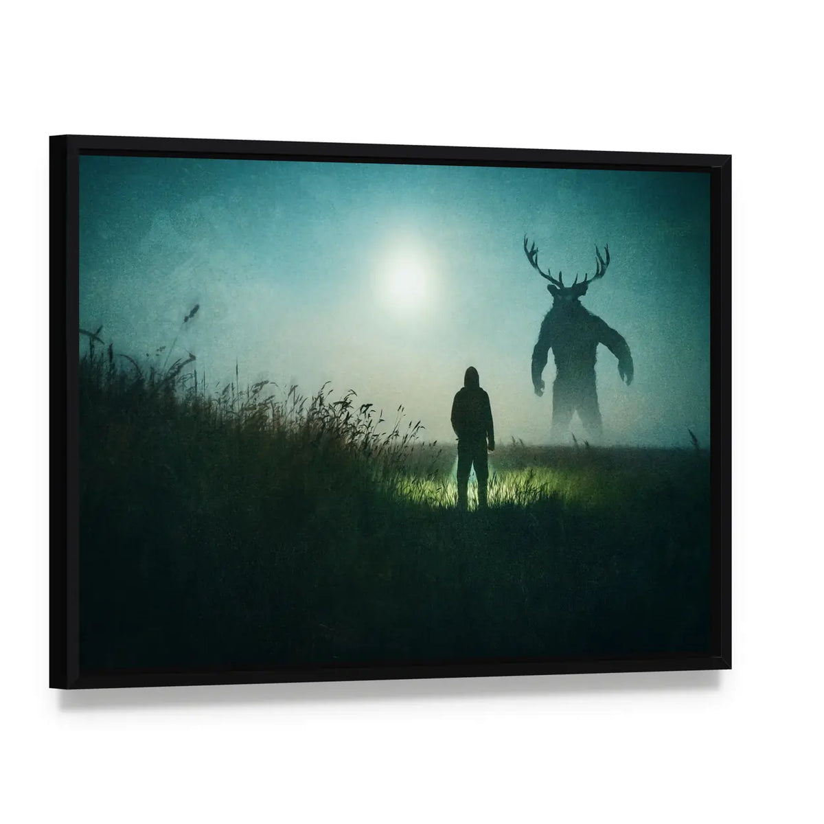 Alone Man Against Mysterious Monster Canvas Wall Art, framed canvas in a black floater frame, angled product view