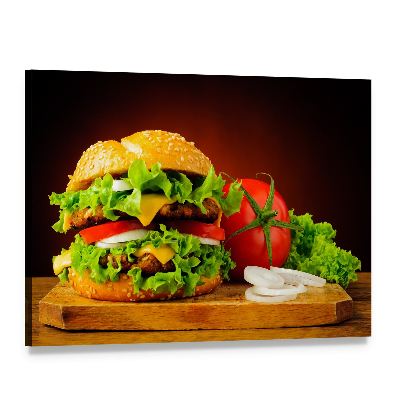 Double Cheeseburger with Sesame Bun Canvas Wall Art, single panel gallery wrapped canvas, angled product view