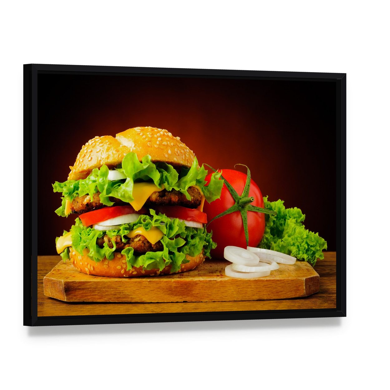 Double Cheeseburger with Sesame Bun Canvas Wall Art, framed canvas in a black floater frame, angled product view