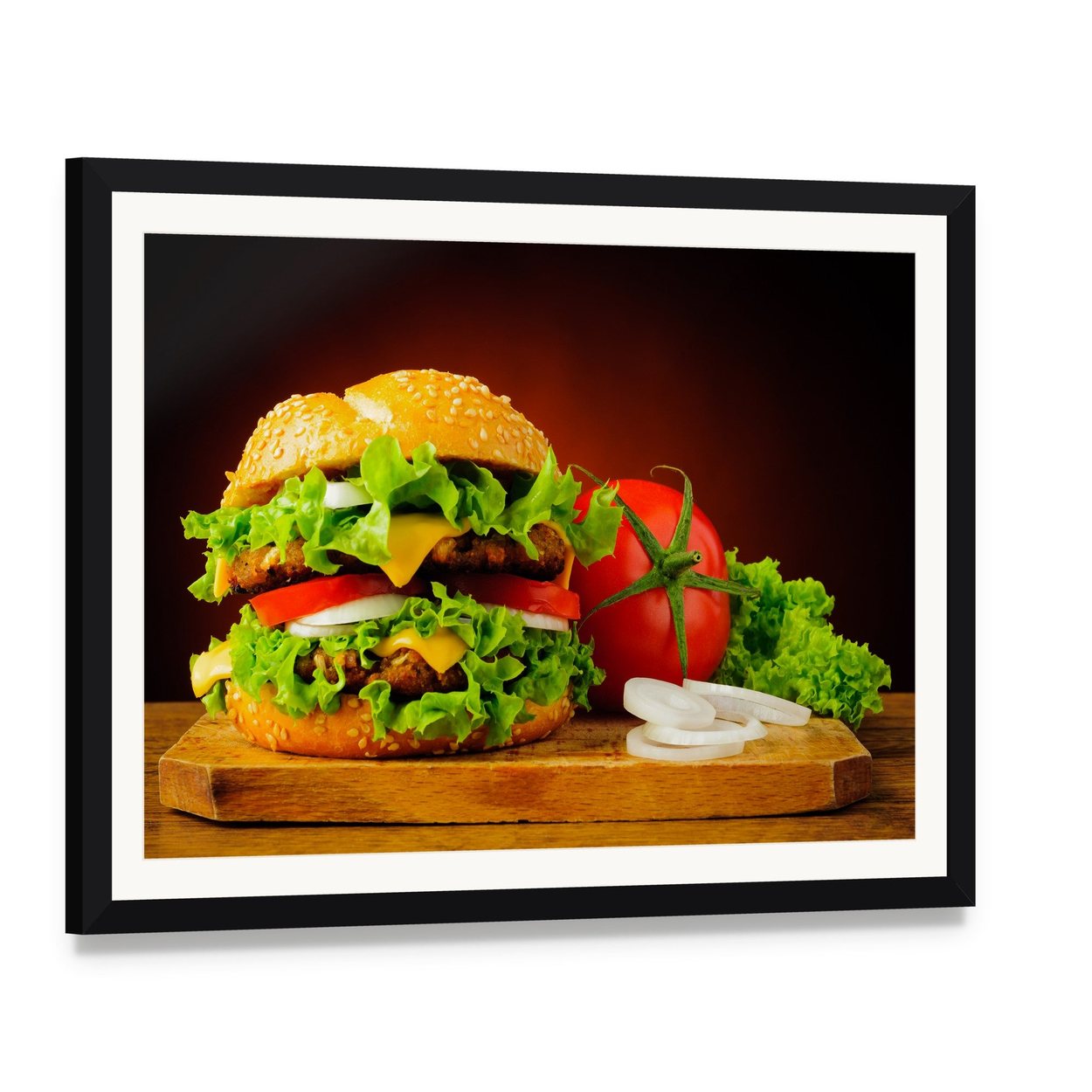 Double Cheeseburger with Sesame Bun Canvas Wall Art, framed print with white mat and black frame, angled product view