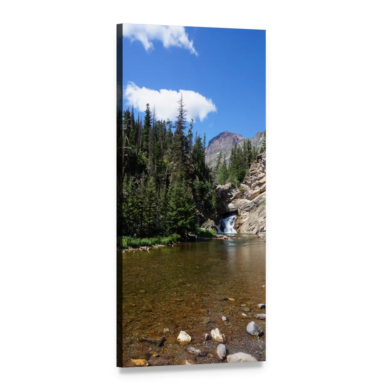 Mountain Waterfall in Evergreen Forest Vertical Canvas Wall Art, 1 panel 1 Vertical layout gallery wrapped canvas set, angled product view