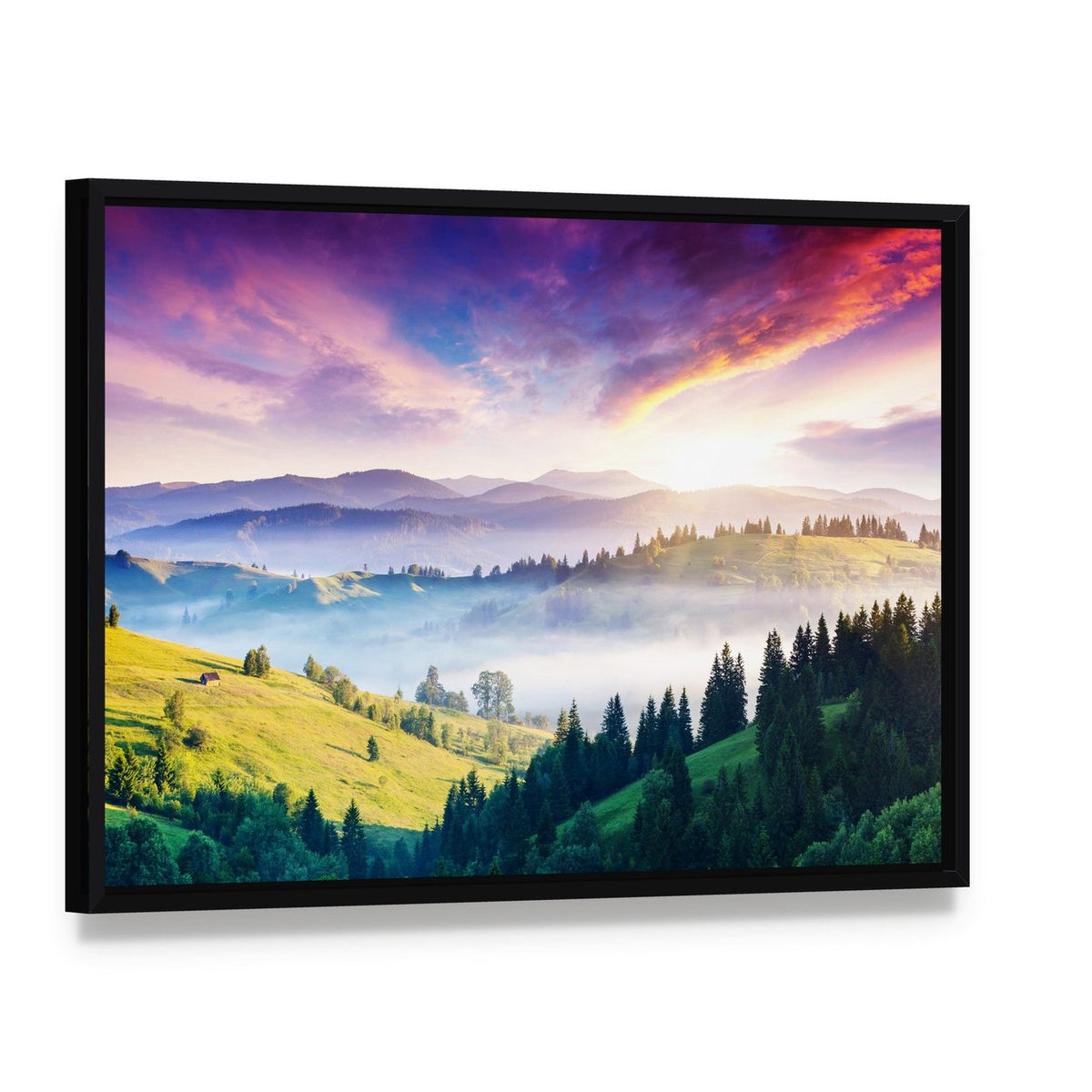 Majestic Mountain Landscape Canvas Wall Art, framed canvas in a black floater frame, angled product view