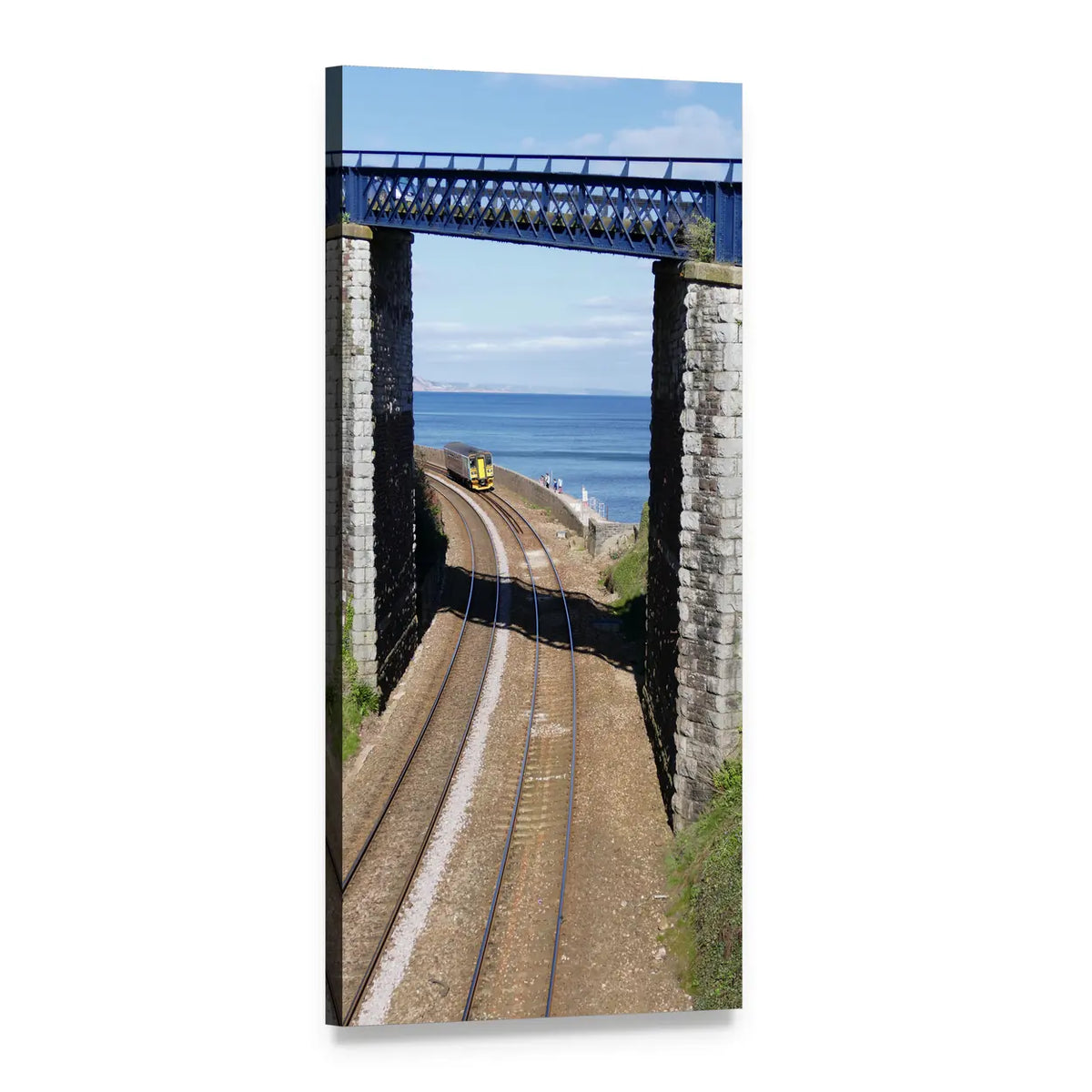 Railway Track with Yellow Train and Bridge Vertical Canvas Wall Art, 1 panel 1 Vertical layout gallery wrapped canvas set, angled product view