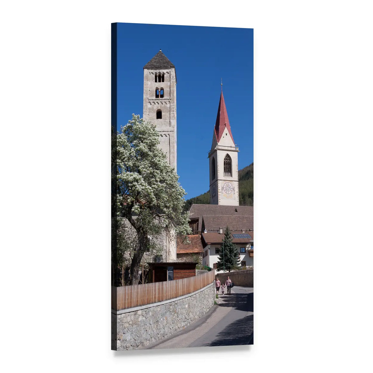 Romanesque Church with Red Pointed Steeple Vertical Canvas Wall Art, 1 panel 1 Vertical layout gallery wrapped canvas set, angled product view