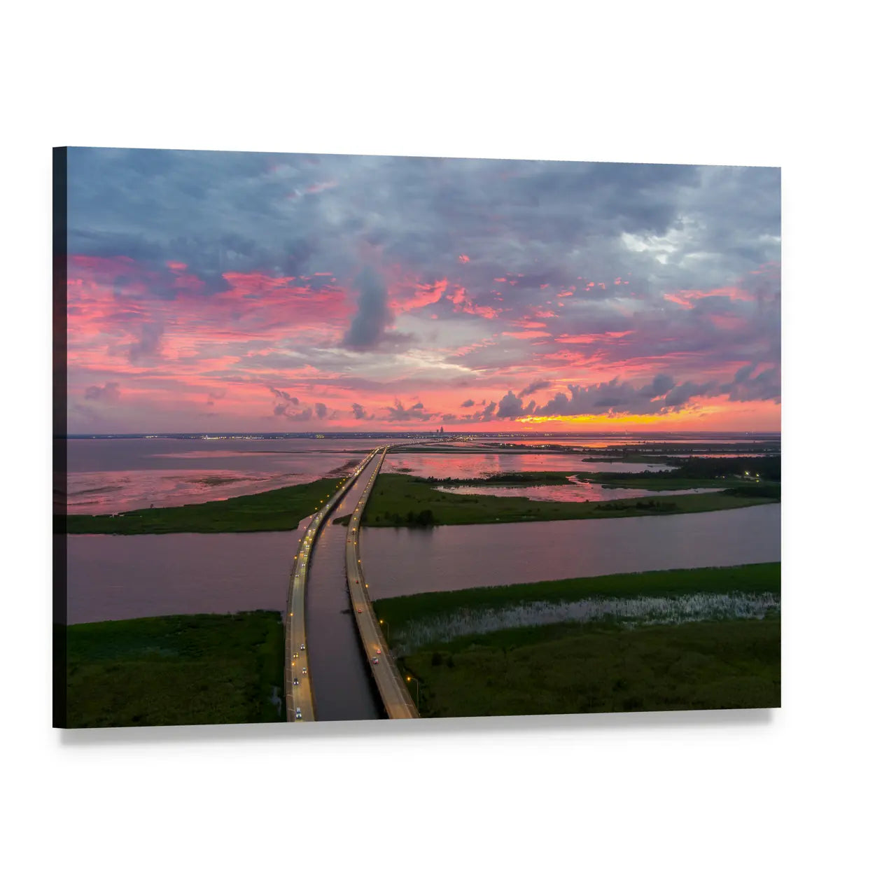 Sunset Over Coastal Bridge Canvas Wall Art, single panel gallery wrapped canvas, angled product view