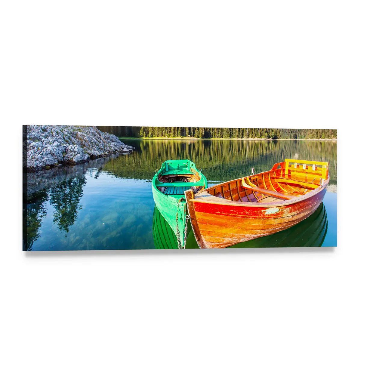 Two Wooden Boats on a Mountain Lake Panoramic Canvas Wall Art, single panel gallery wrapped canvas, angled product view
