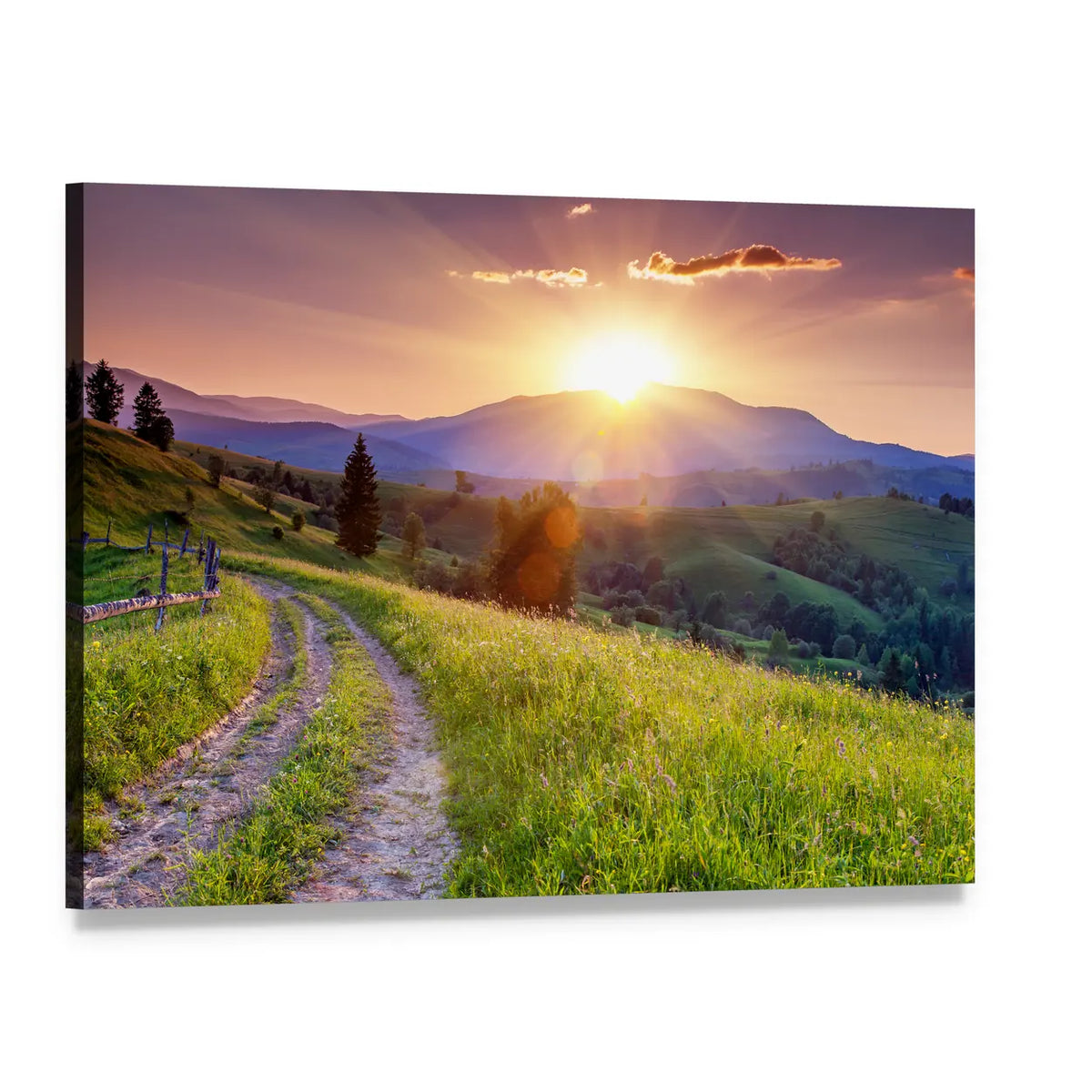 Sunset Path Through Mountain Meadow Canvas Wall Art, single panel gallery wrapped canvas, angled product view