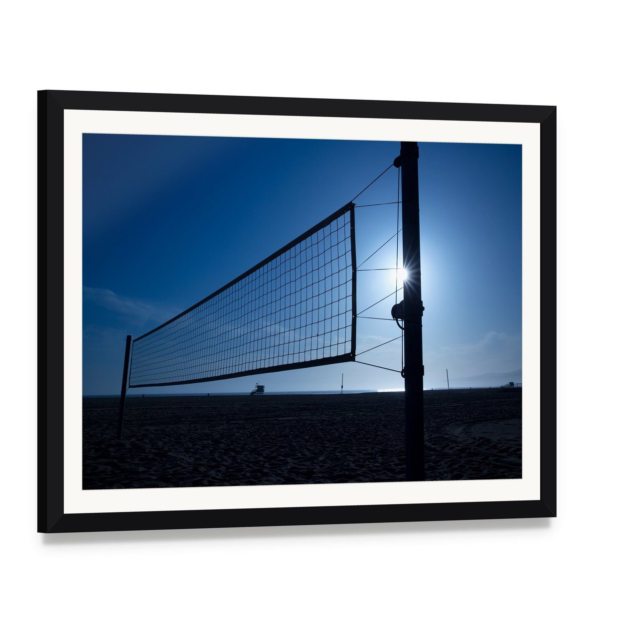 Volleyball Net on Beach Canvas Wall Art, framed print with white mat and black frame, angled product view