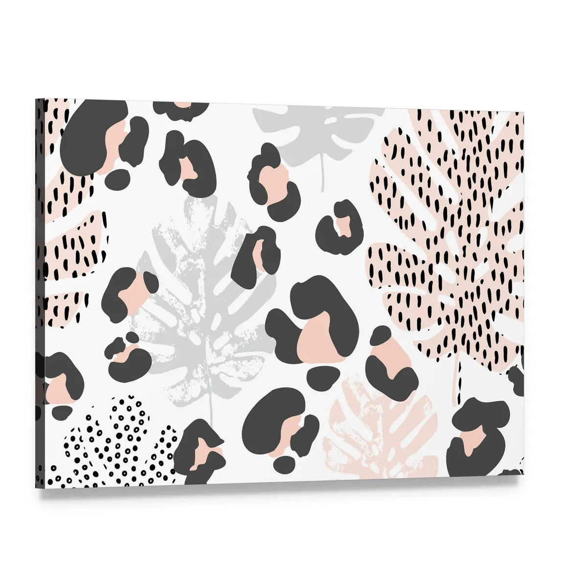 Pink and Black Leopard Monstera Pattern Canvas Wall Art, single panel gallery wrapped canvas, angled product view