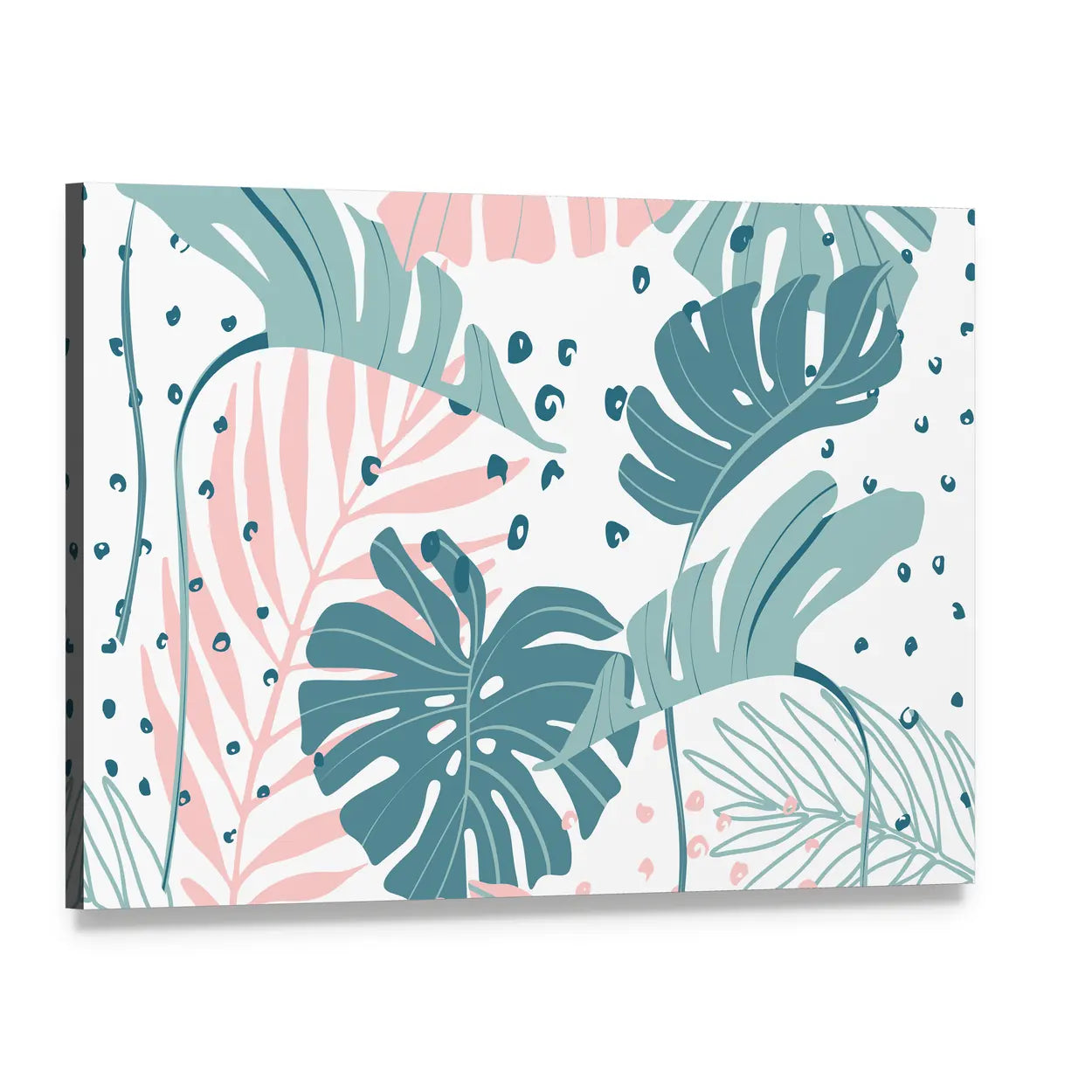 Monstera and Palm Leaves Abstract Canvas Wall Art, single panel gallery wrapped canvas, angled product view