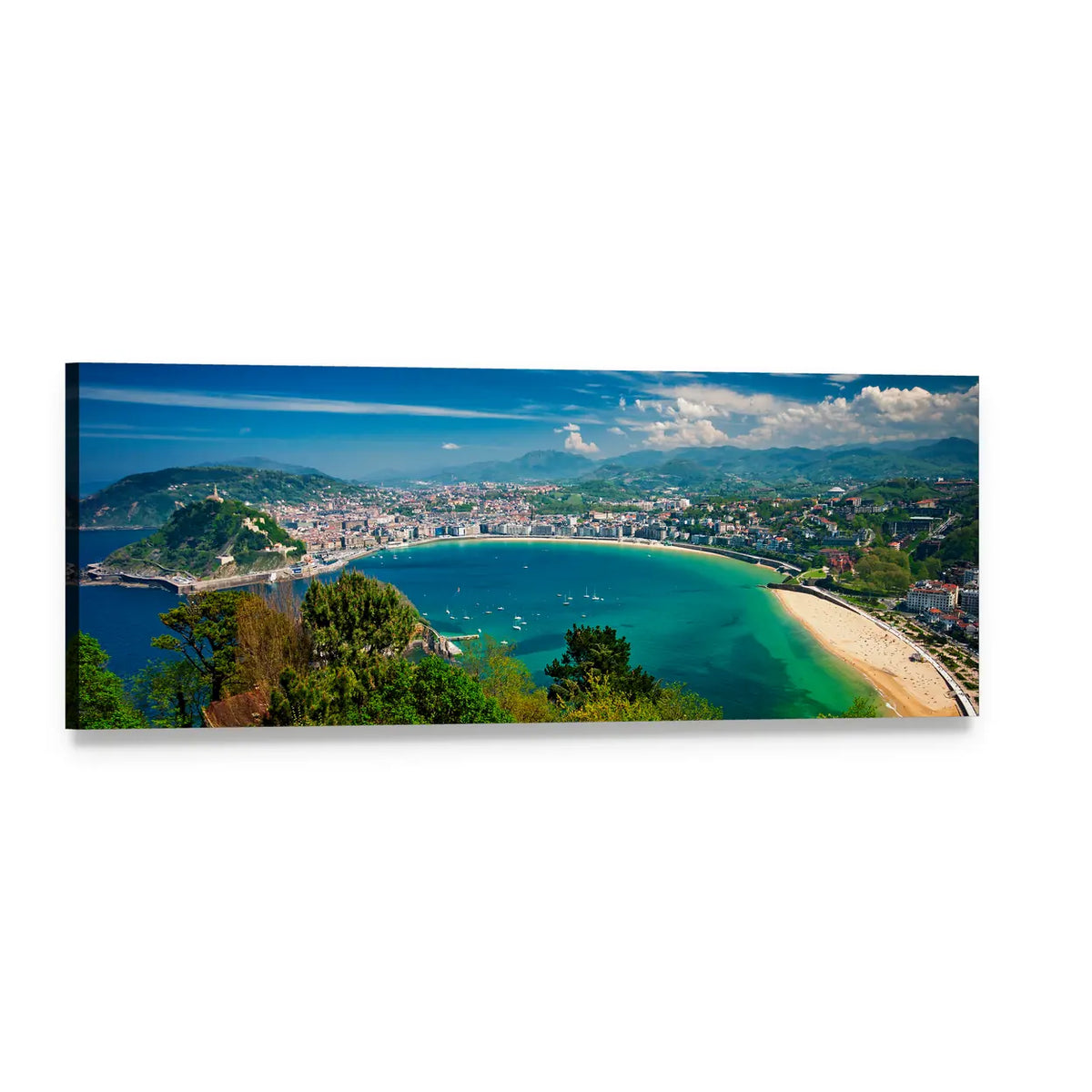 Coastal City Over Turquoise Bay Panoramic Canvas Wall Art, single panel gallery wrapped canvas, angled product view