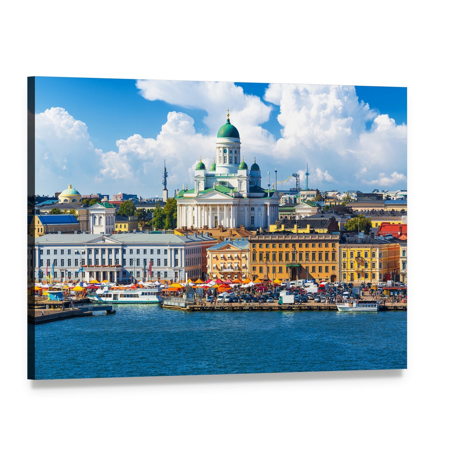 Helsinki Market Square Summer Scene Canvas Wall Art, single panel gallery wrapped canvas, angled product view