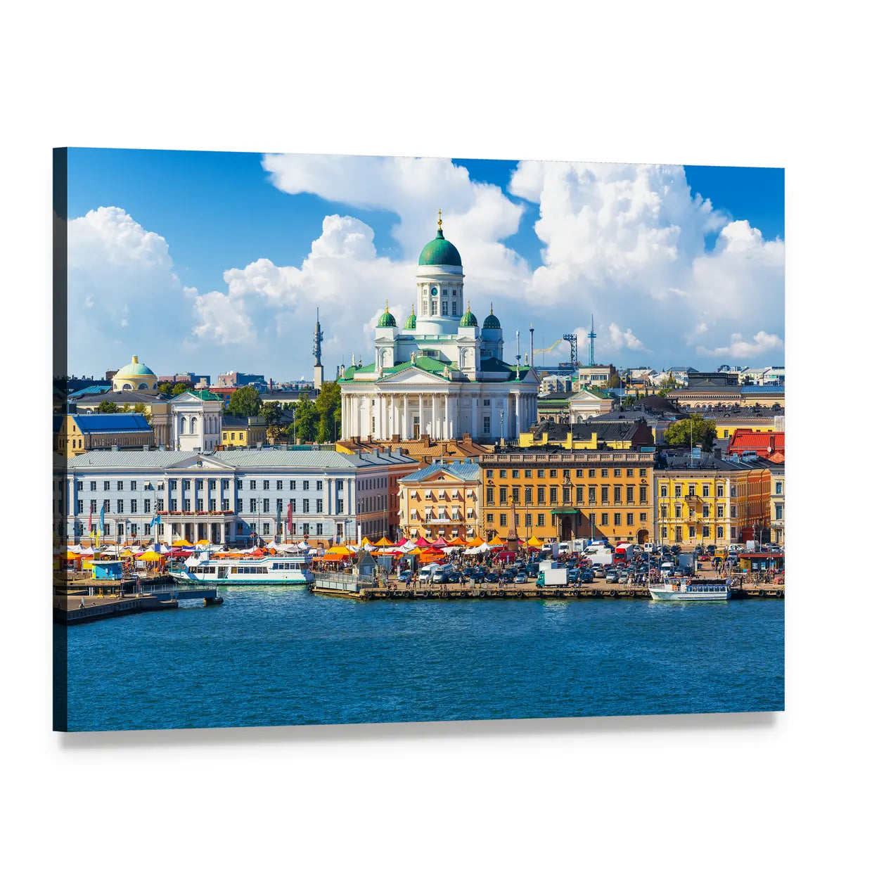Helsinki Market Square, Sunny Harbor View Canvas Wall Art, single panel gallery wrapped canvas, angled product view