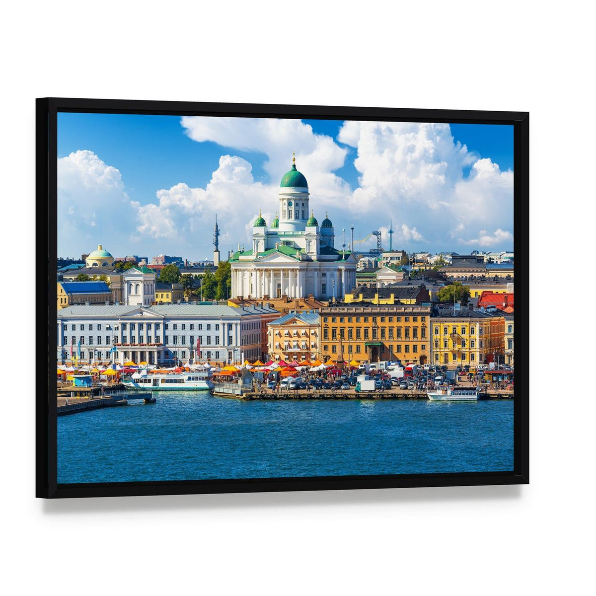 Helsinki Market Square Summer Scene Canvas Wall Art, framed canvas in a black floater frame, angled product view