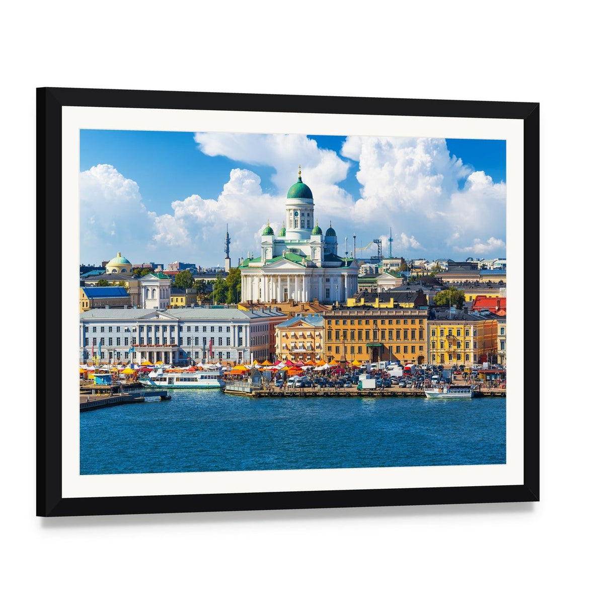 Helsinki Market Square Summer Scene Canvas Wall Art, framed print with white mat and black frame, angled product view