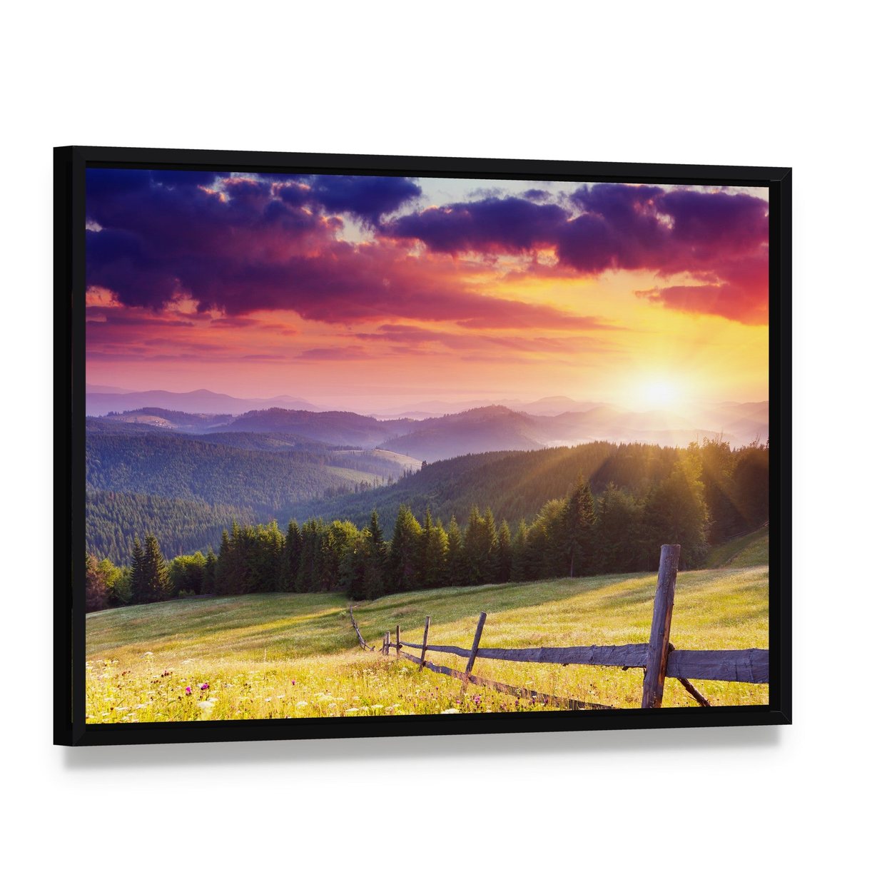 Mount Carpathian Sunset Canvas Wall Art, framed canvas in a black floater frame, angled product view