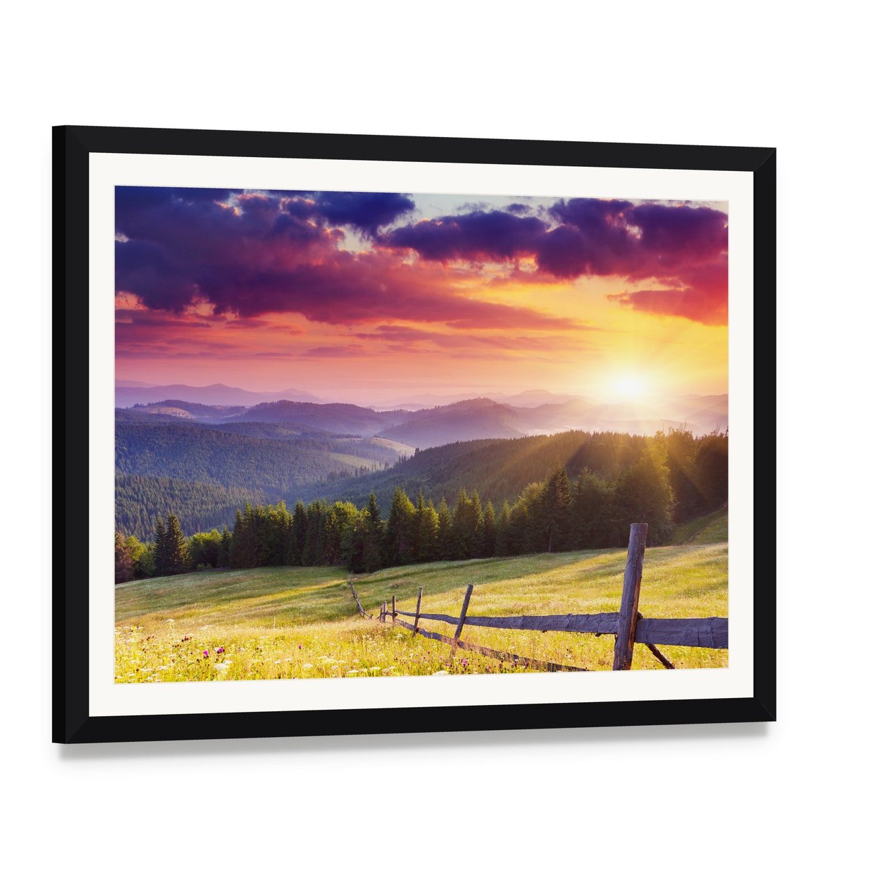 Mount Carpathian Sunset Canvas Wall Art, framed print with white mat and black frame, angled product view