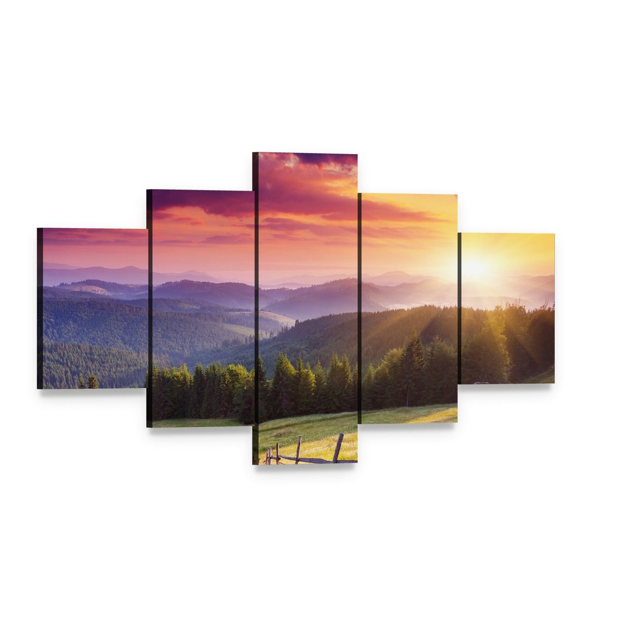 Mount Carpathian Sunset Canvas Wall Art, 5 panel 5 Star layout gallery wrapped canvas set, angled product view
