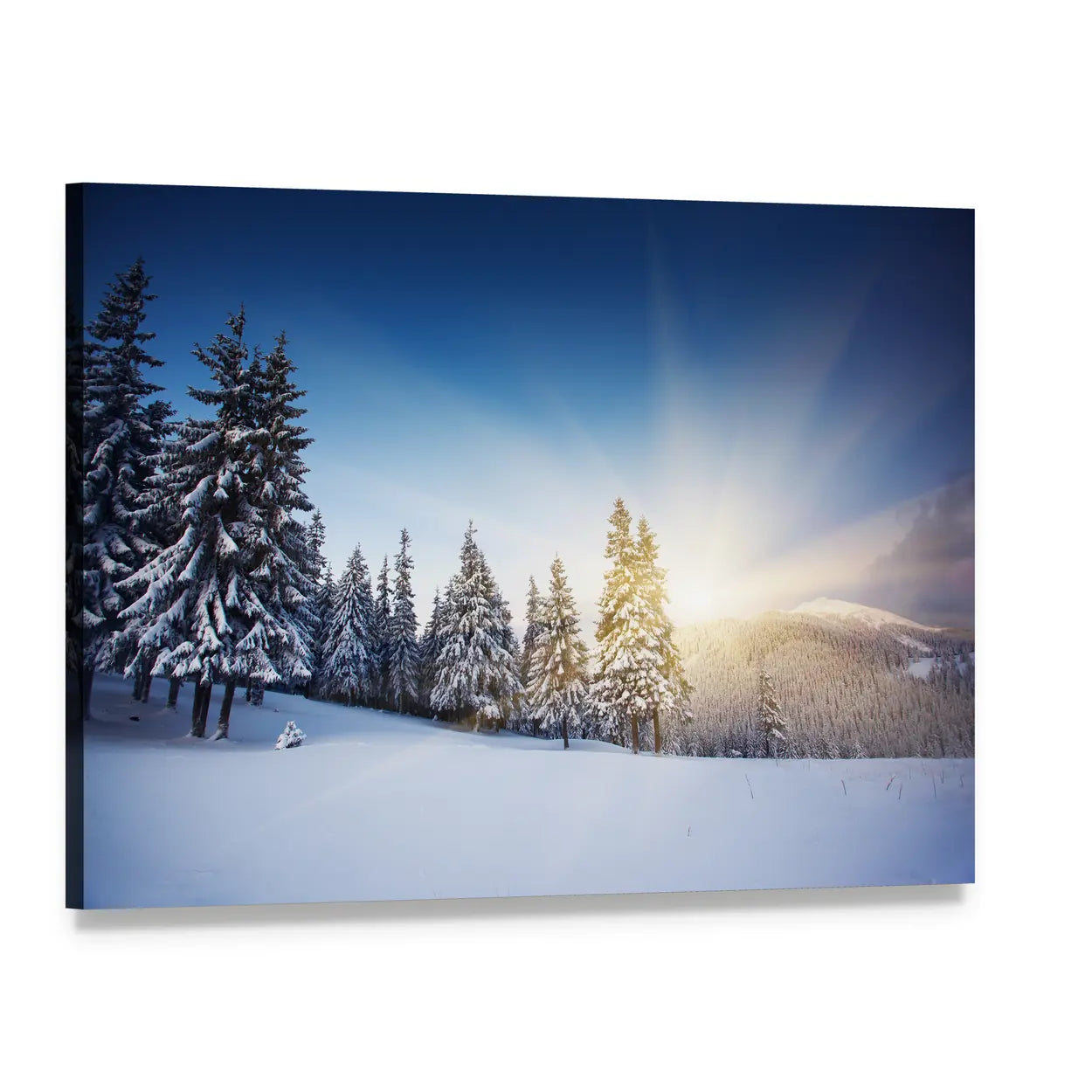 Winter Sunset Over Snow-covered Pines Canvas Wall Art, single panel gallery wrapped canvas, angled product view