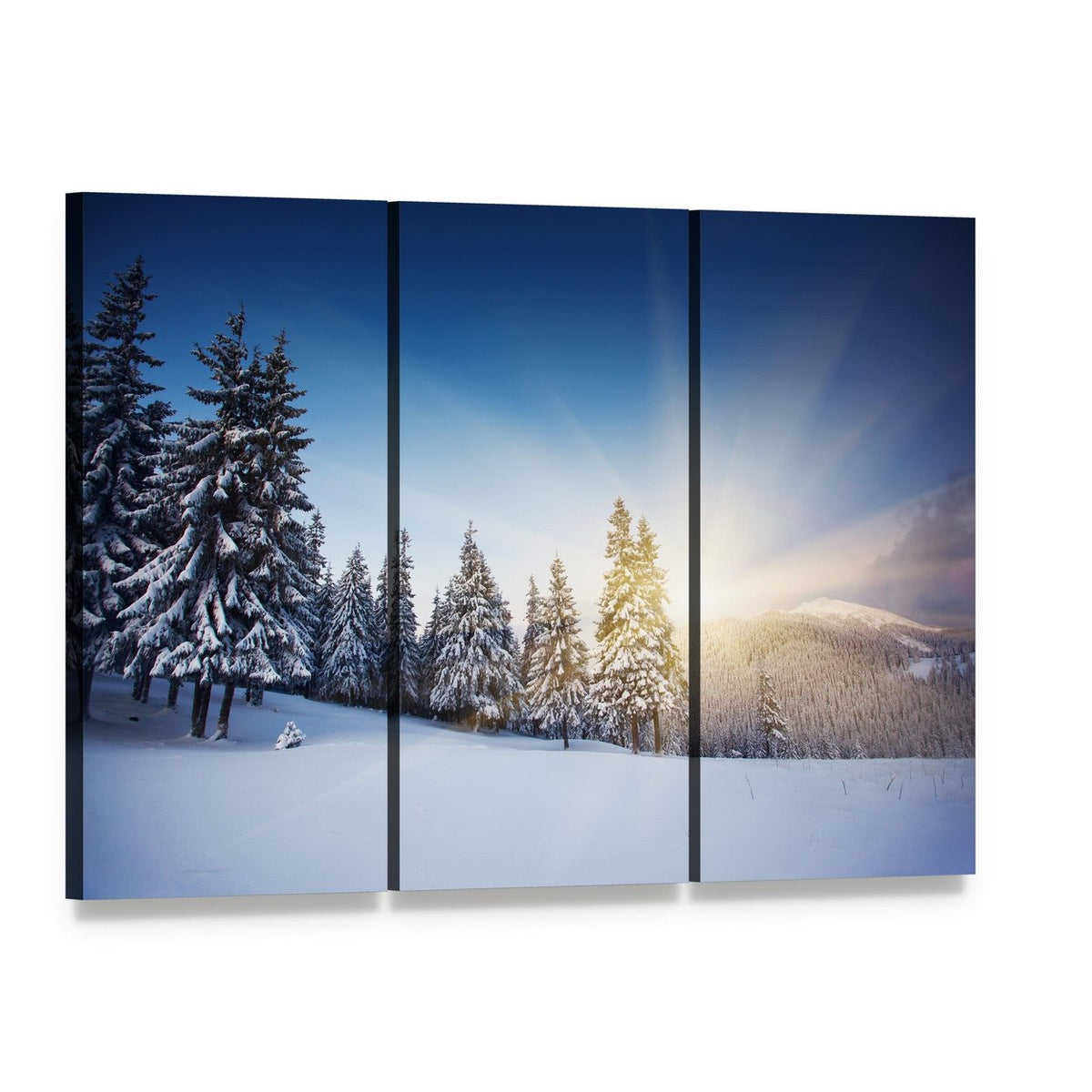 Sunset in the Winter Mountains Canvas Wall Art, 3 panel 3 Horizontal layout gallery wrapped canvas set, angled product view