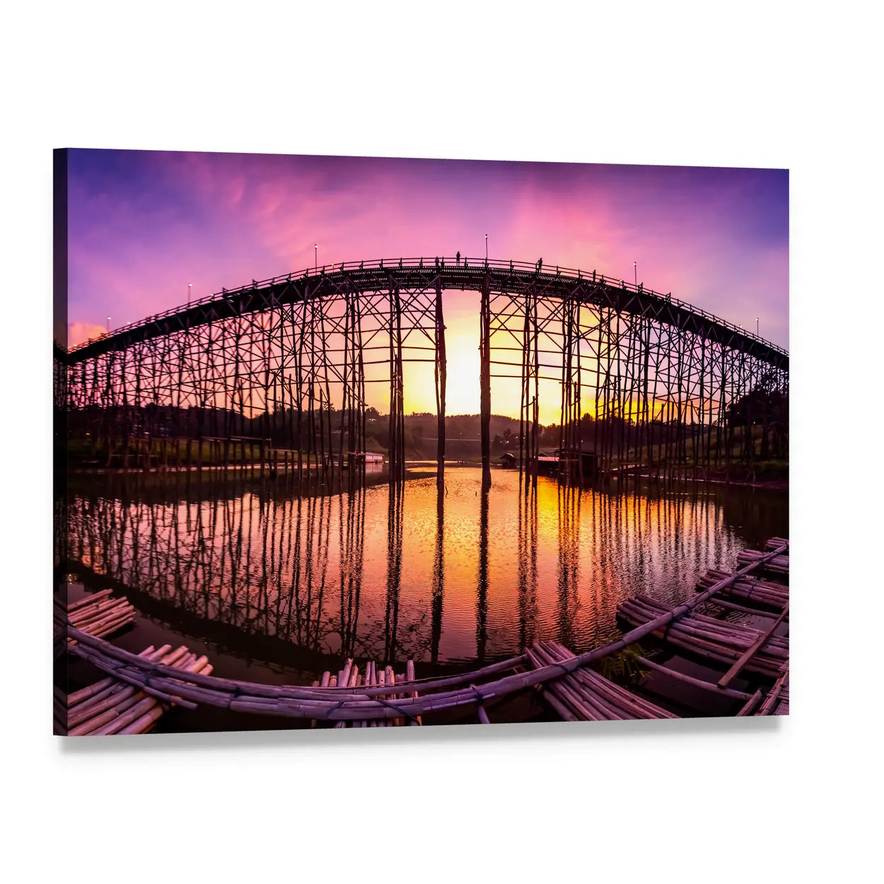 Mon Bridge At Sunset Canvas Wall Art, single panel gallery wrapped canvas, angled product view