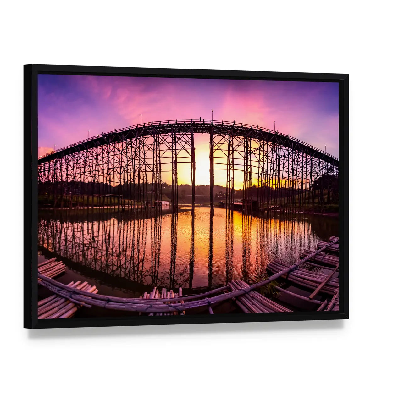 Mon Bridge At Sunset Canvas Wall Art, framed canvas in a black floater frame, angled product view