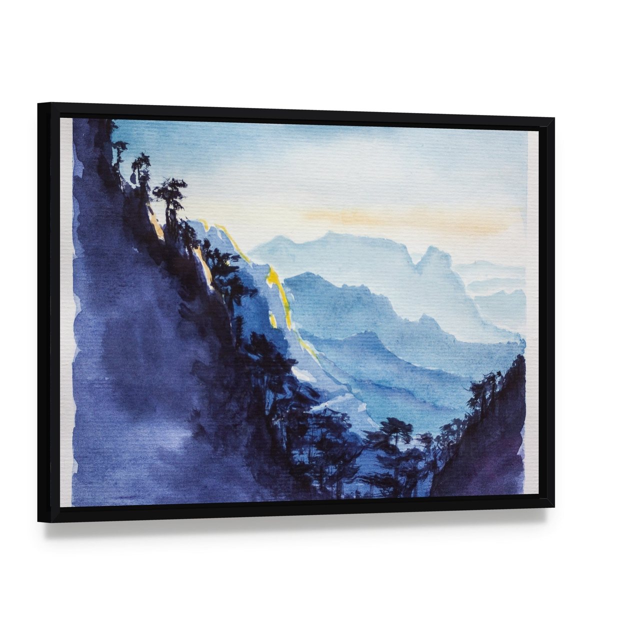 Mountains and Forest Watercolor Canvas Wall Art, framed canvas in a black floater frame, angled product view