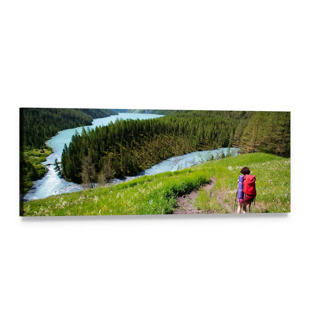 Hiker in Altai Mountains Panoramic Canvas Wall Art, single panel gallery wrapped canvas, angled product view