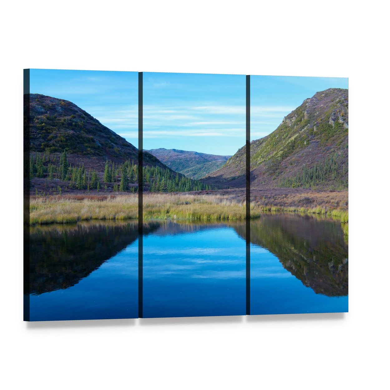 Autumn Reflection at Wonder Lake Canvas Wall Art, 3 panel 3 Horizontal layout gallery wrapped canvas set, angled product view